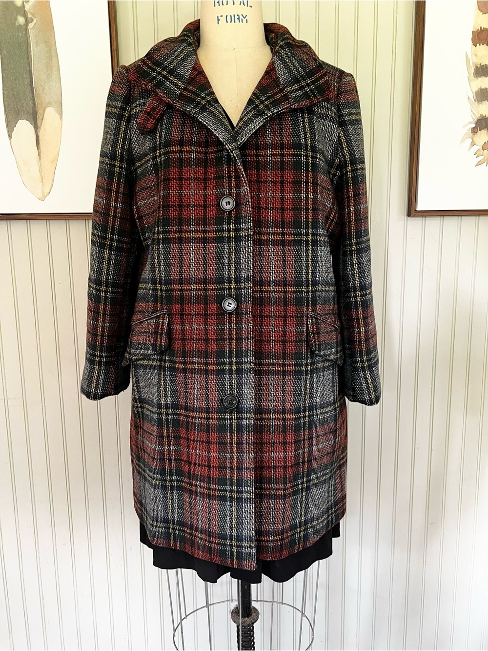 Lauren Ralph Lauren Wool Blend Plaid Tartan Long Lined Coat Red/Grey SZ 12